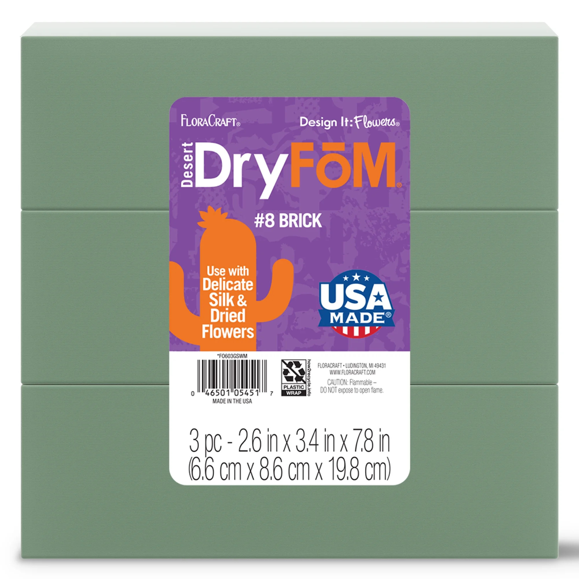 FloraCraft Floral Desert DryFōM 3 Piece Brick 2.6 inch x 3.4 inch x 7.8 inch Green | Walmart (US)