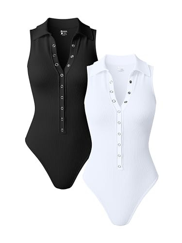 OQQ Women 2 Piece Bodysuits Sleeveless Basic Stretch Sexy Bodysuits Black White | Amazon (US)