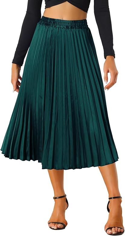 Allegra K Women's Elastic Waist Party Metallic Shiny Accordion Pleated Midi Skirt | Amazon (US)