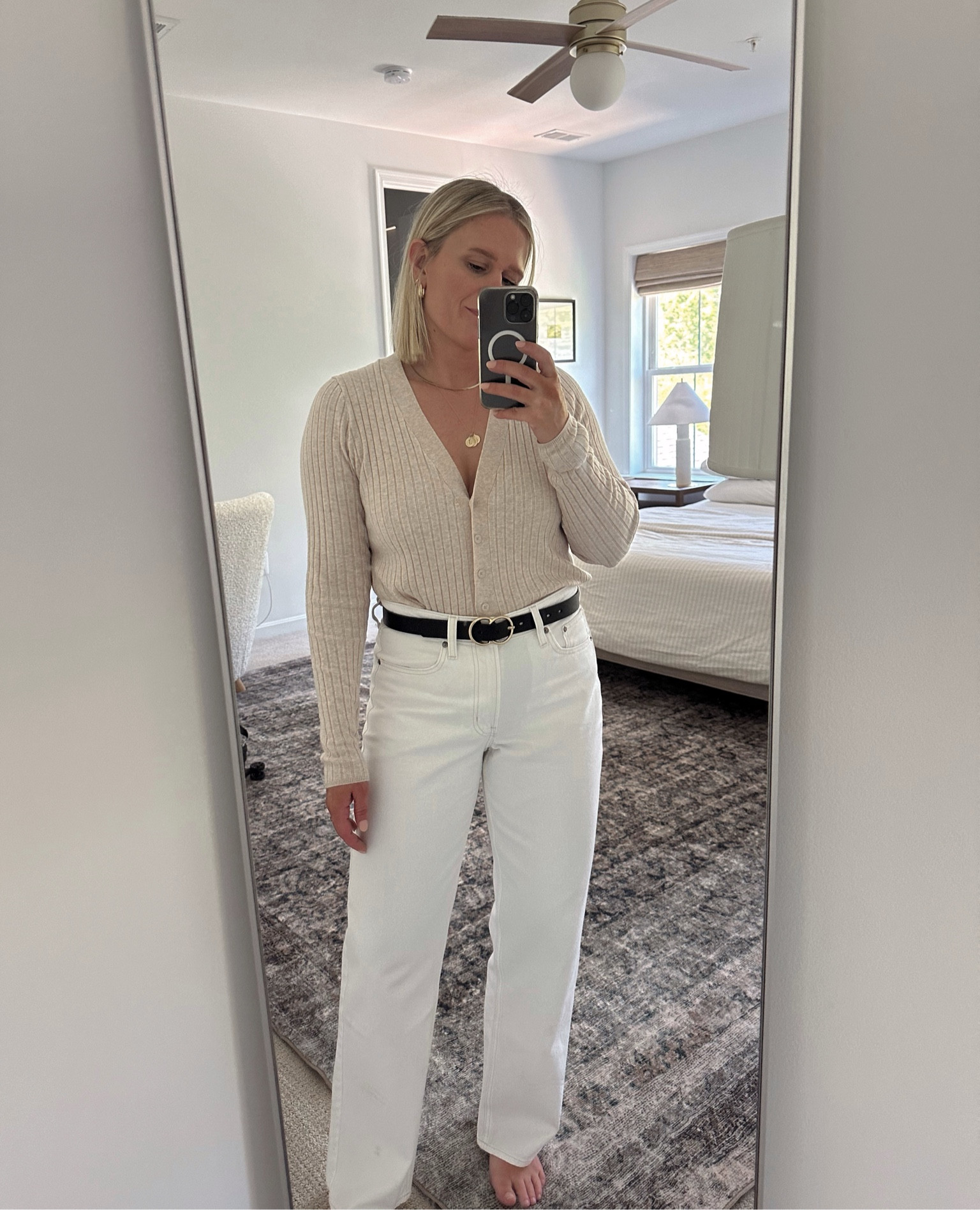 If you need me I’ll be in white jeans the rest of the year 🤍 Paired them with a skinny black belt and my favorite ribbed cardigan from target. 

#LTKFindsUnder100 #LTKWorkwear