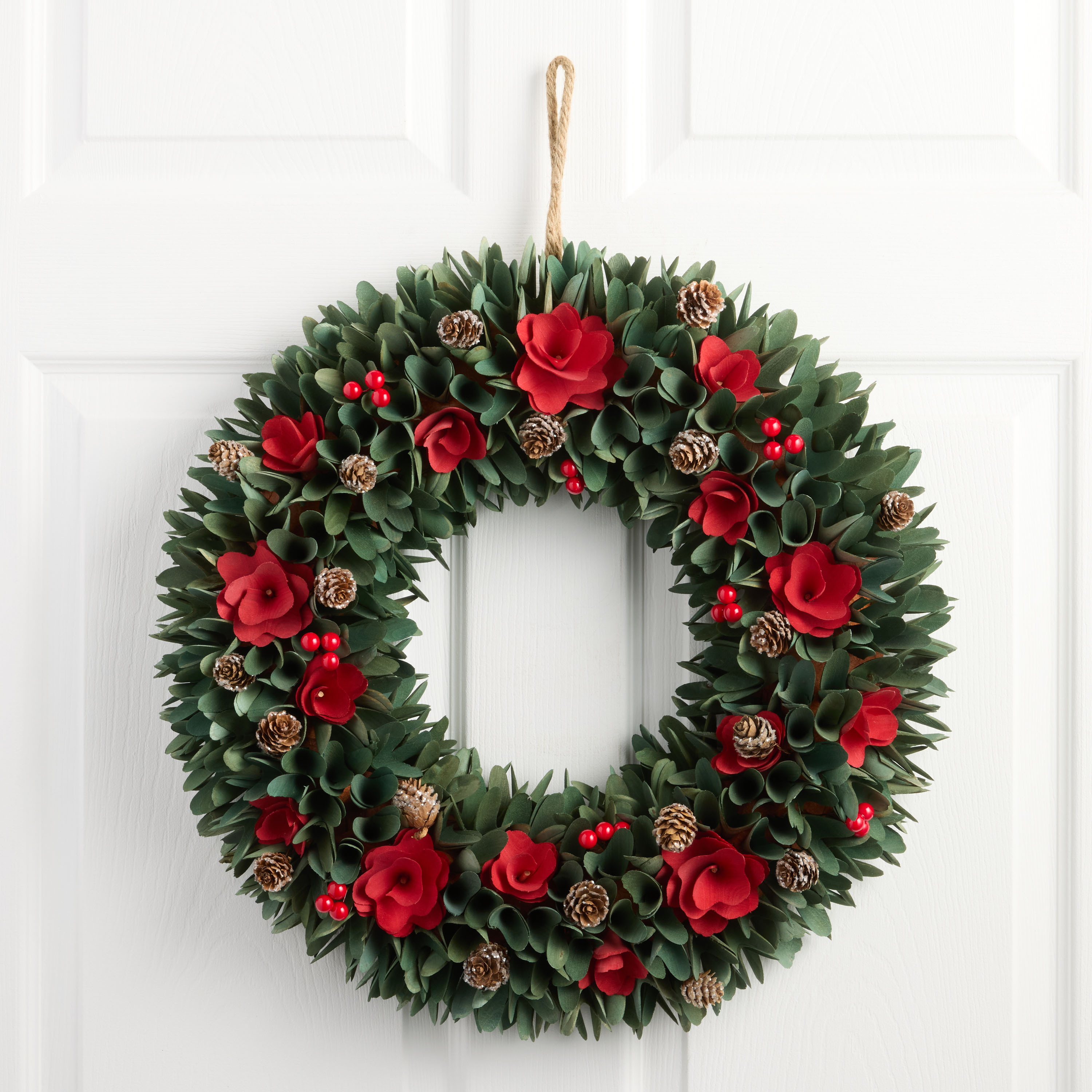 Red and Green Wood Curl Flowers with Pinecones Wreath | World Market