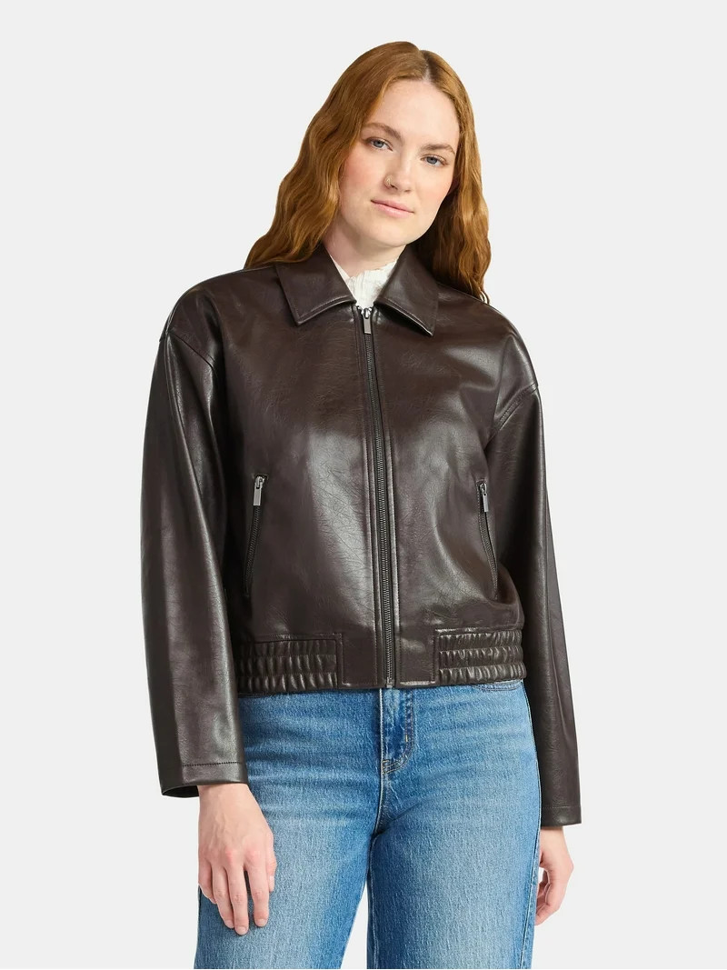Time and Tru Women's Faux Leather Zip Jacket, Midweight, Sizes XS-XXXL | Walmart (US)