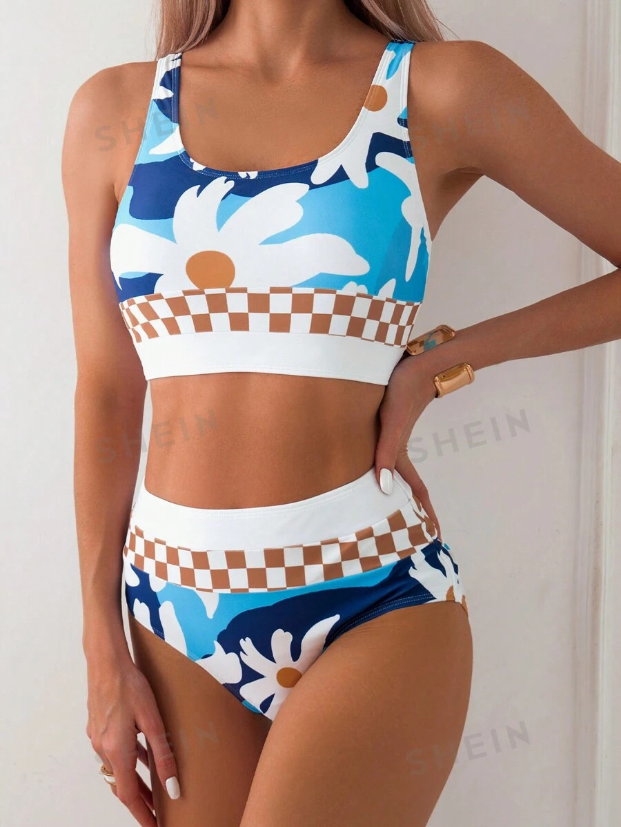 SHEIN Swim Women Summer Beach Simple Floral Print Vacation Bikini Set | SHEIN