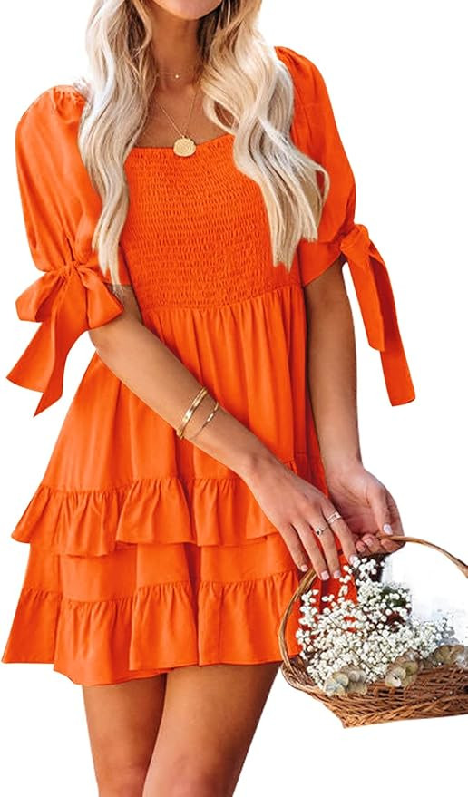 SENSERISE Womens Smocked Mini Dress Square Neck Puff Sleeve Bow Tie Babydoll Dress Layered Ruffle... | Amazon (US)