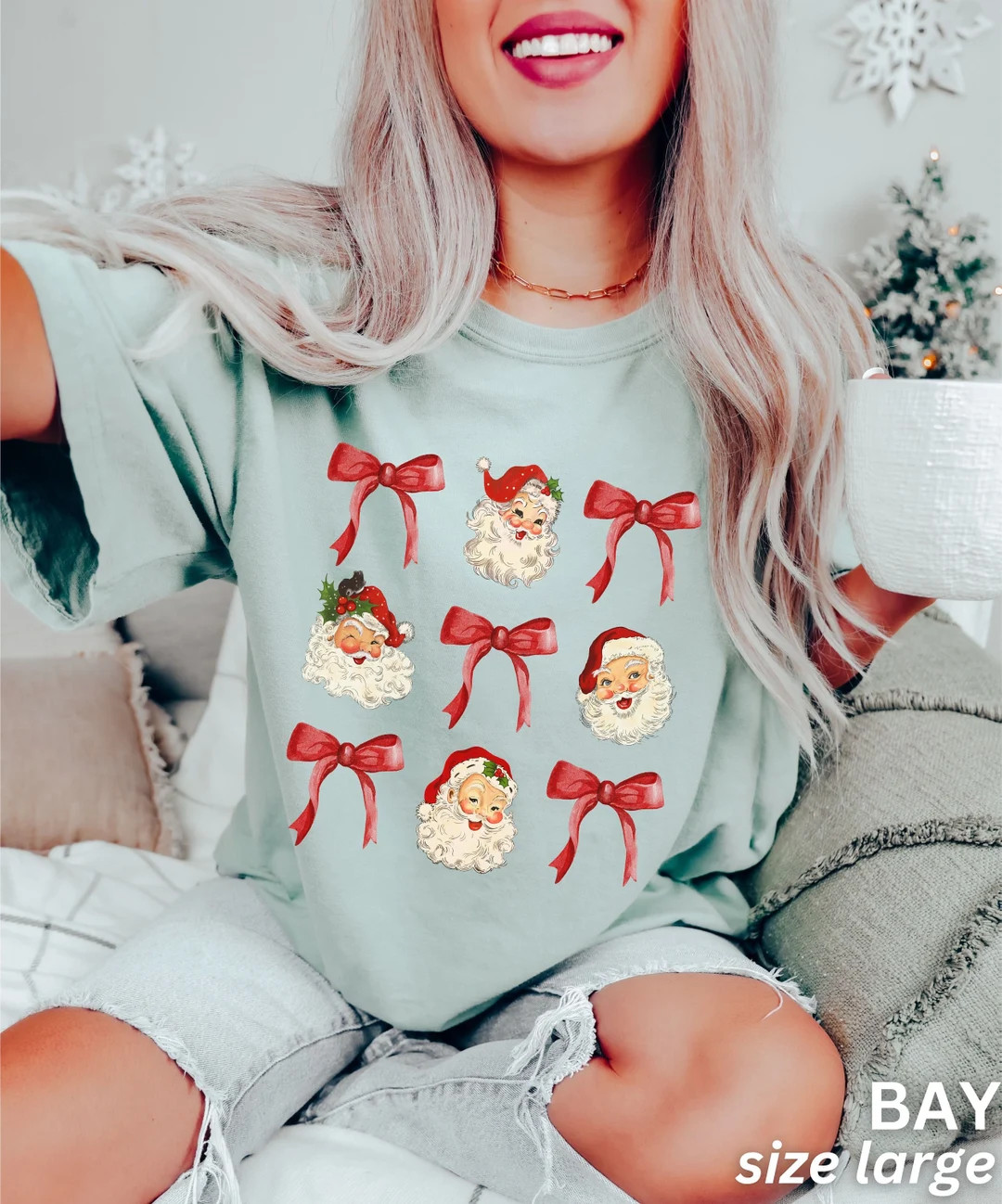 Retro Christmas Shirt, Christmas Coquette Bow Shirt, Vintage Santa, Cute Santa Tee, Cute Christma... | Etsy (US)