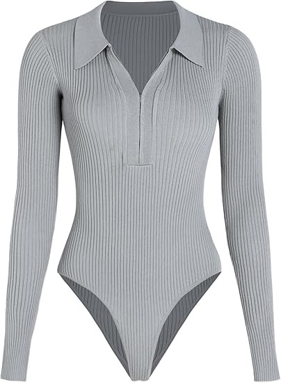 CIDER Women’s Long Sleeve Collared Zip Up Ribbed Knit Casual Bodysuits Slim Fit Tops | Amazon (US)