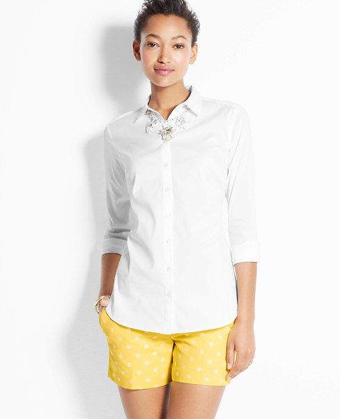 Ann Taylor Perfect Long Sleeve Button Down Shirt, White - Size 0 | Ann Taylor