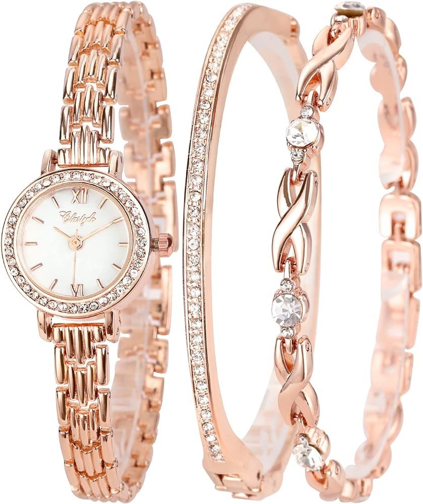 Clastyle Elegant Watch and Bracelet Set for Women Rose Gold Rhinestone Wrist Watch with Bangles M... | Amazon (US)