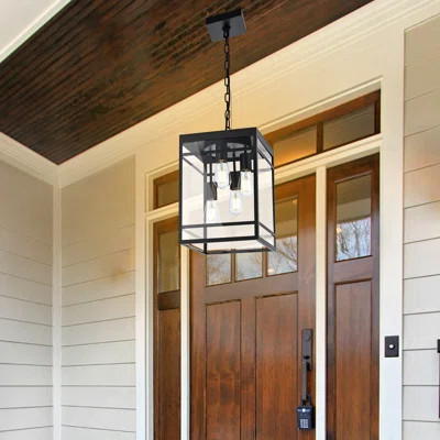 Large Outdoor Pendant Light For Porch, Black Outdoor Hanging Light Fixture With Seeded Glass Panel, Exterior Linear Chandelier Hanging Lantern For Out | Wayfair North America