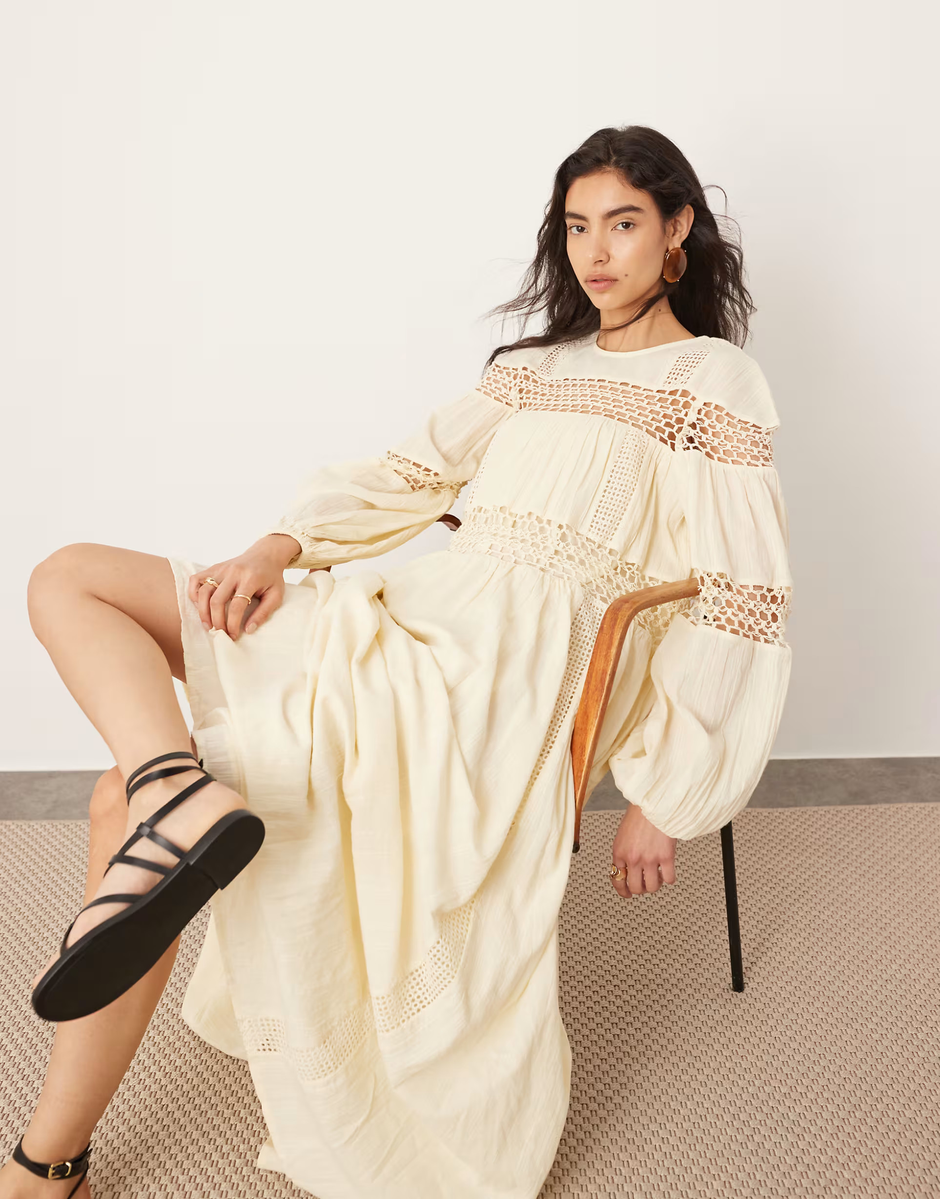 ASOS EDITION crochet trim drop waist blouson sleeve trapeze maxi dress in buttermilk | ASOS (Global)