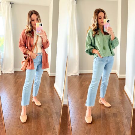 Target jeans multiple ways 

Jeans 00 short 

Striped top petite xs 
Shoes tts 
Jacket xxs (oversized) 
Green top petite xs 

#LTKstyletip