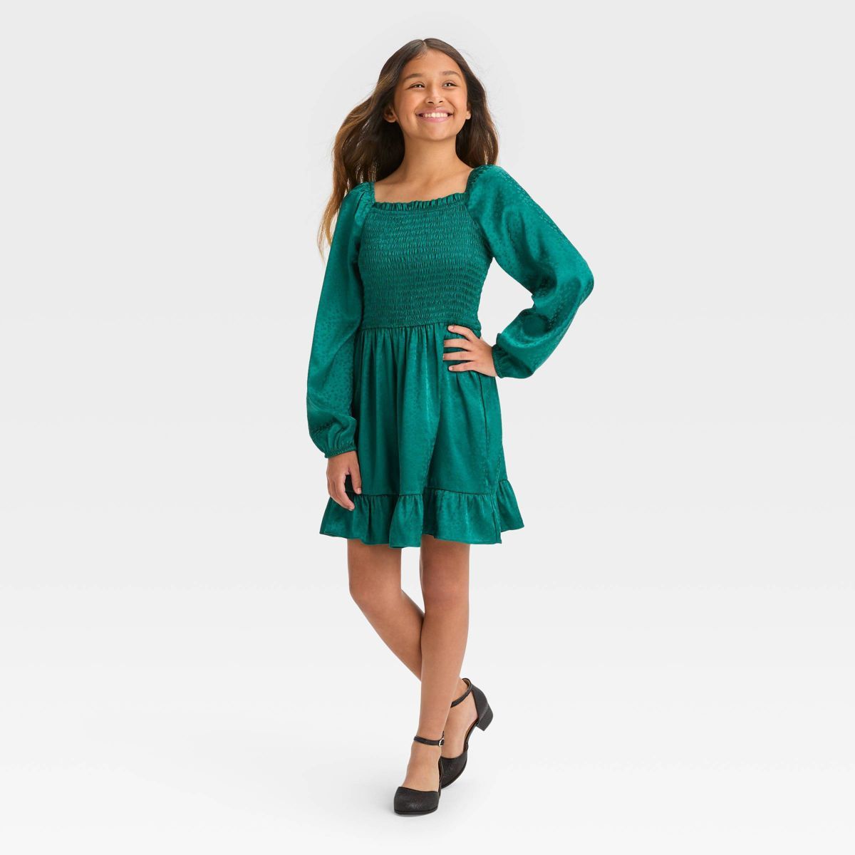 Girls' Long Sleeve Jacquard Smocked Bodice Dress - art class™ | Target