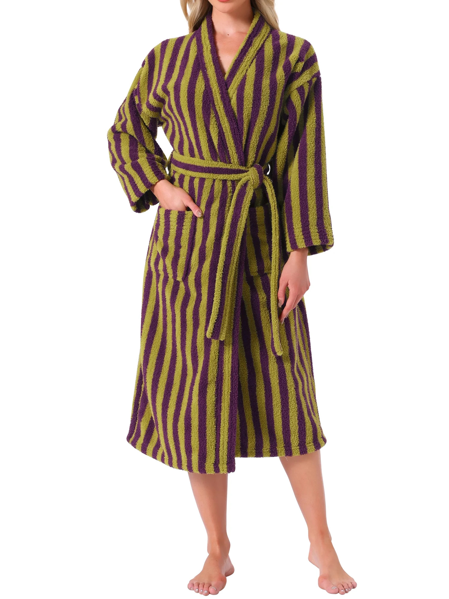 INSPIRE CHIC Womens Bath Robe Fleece Fluffy Terry Long Sleeve Belt Full Length Striped Plush Shag... | Walmart (US)