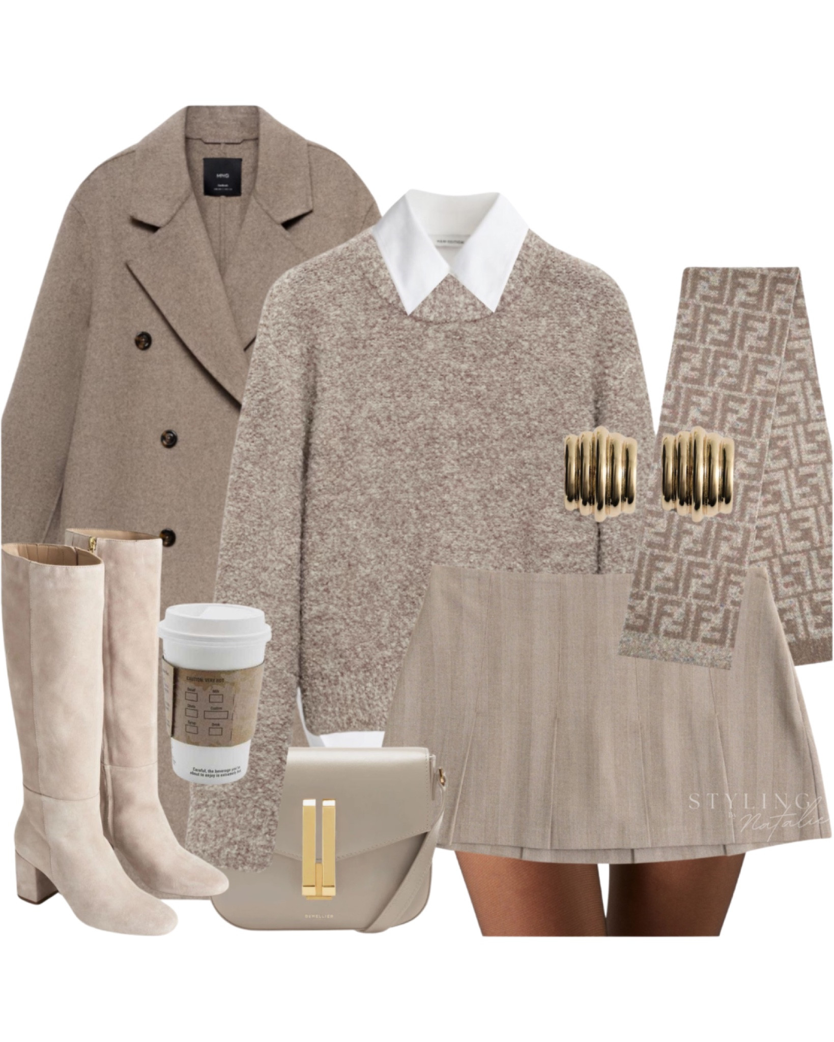 Winter layering -
Wool oversized coat, boucle knit jumper with white shirt underneath, pleated mini skort, tights, Fendi logo scarf, beige knee high boots, Demellier crossbody bag and gold stud earrings.

🏷️winter outfit, casual chic, girlie outfit, layers, sweater, knitwear, mini skirt, beige outfit, office chic, workwear, winter style.


#LTKstyletip #LTKworkwear #LTKuk