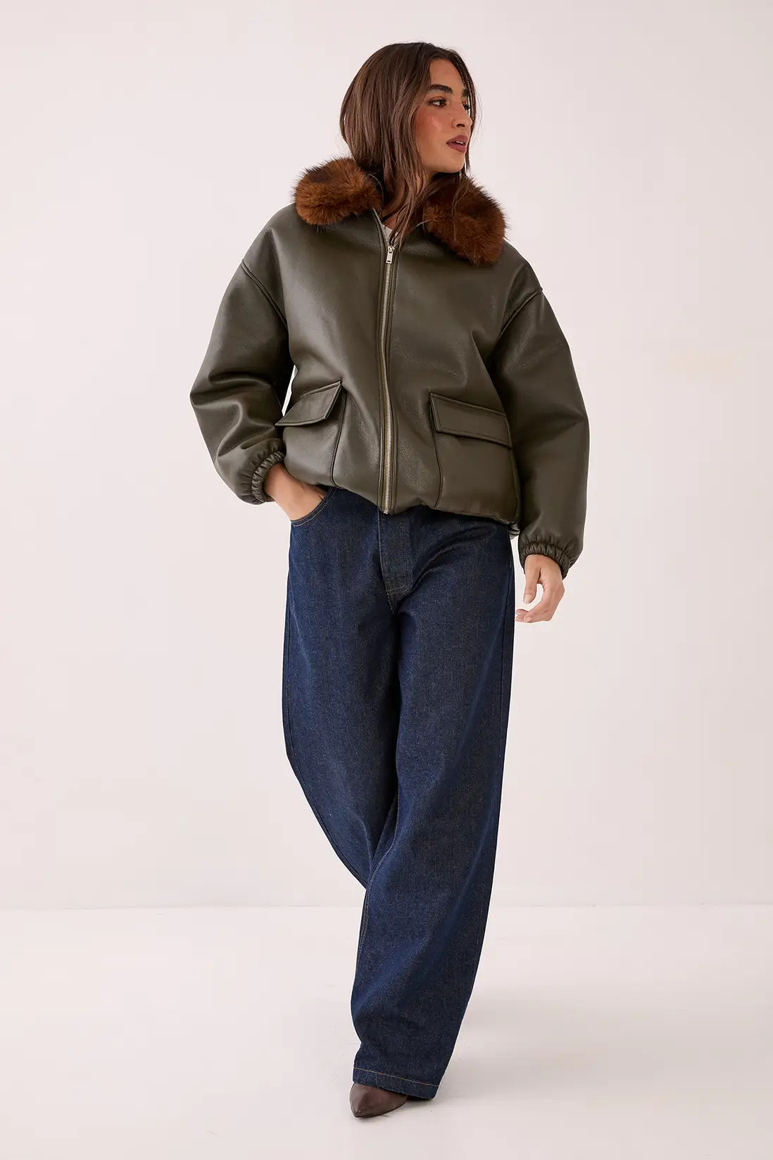 PU Oversized Faux Fur Collar Bomber Jacket | Nasty Gal US