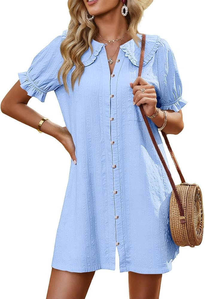 Cicy Bell Womens Puff Sleeve Peter Pan Collar Mini Shirt Dress Button Down Summer Casual Textured... | Amazon (US)