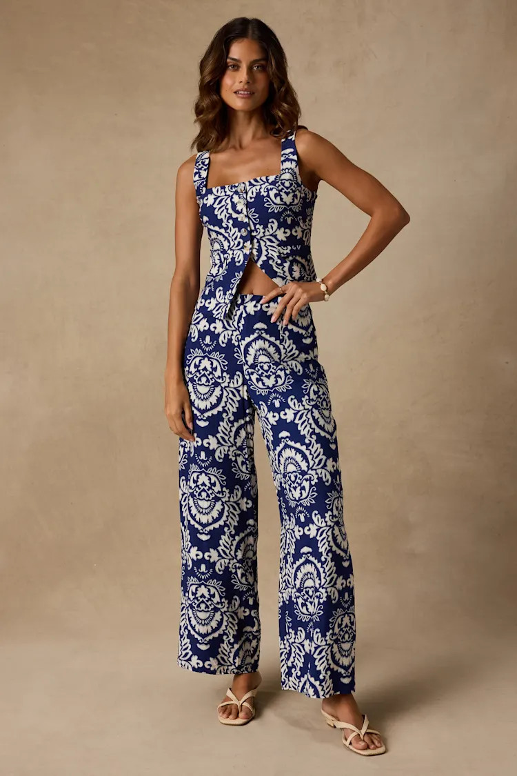 Caliana Blue and Ivory Boho Print Wide-Leg Pants | Lulus