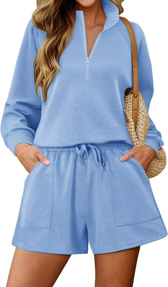 KISSMODA 2 Piece Sets for Women Sweatsuit Casual Tracksuits Long Sleeve Tops and Shorts 2025 Loun... | Amazon (US)