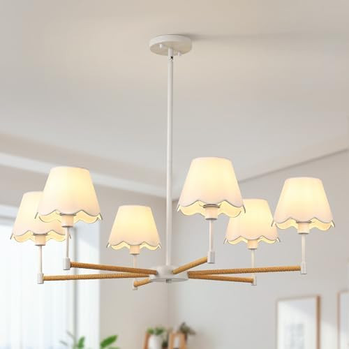 Farmhouse Rattan Chandelier with White Fabric Shade, 6-Light Boho Chandeliers for Dining Room, Ad... | Amazon (US)