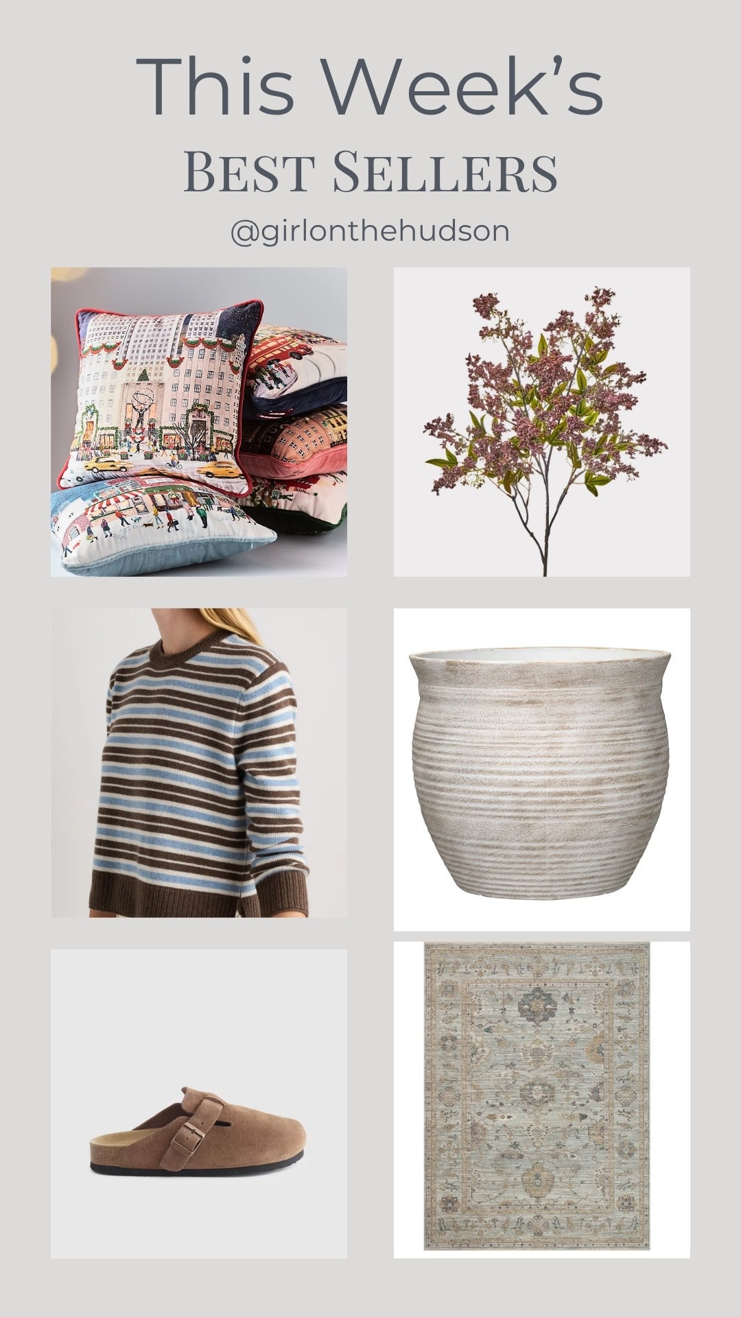 This week’s best sellers!  

Holiday pillows that I added to the kids n’ rooms (these always sell out!!), fall branches, the perfect front porch planter, a striped cashmere sweater, the most perfect rug and  my fall clogs!

#LTKHome #LTKootd #LTKSeasonal
