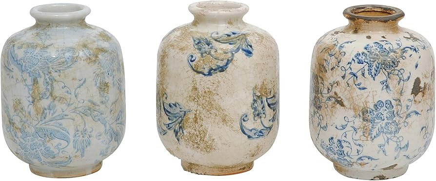 Creative Co-Op Blue & White Decorative Terracotta Vases with Heavy Distressing (Set of 3 Designs) | Amazon (US)