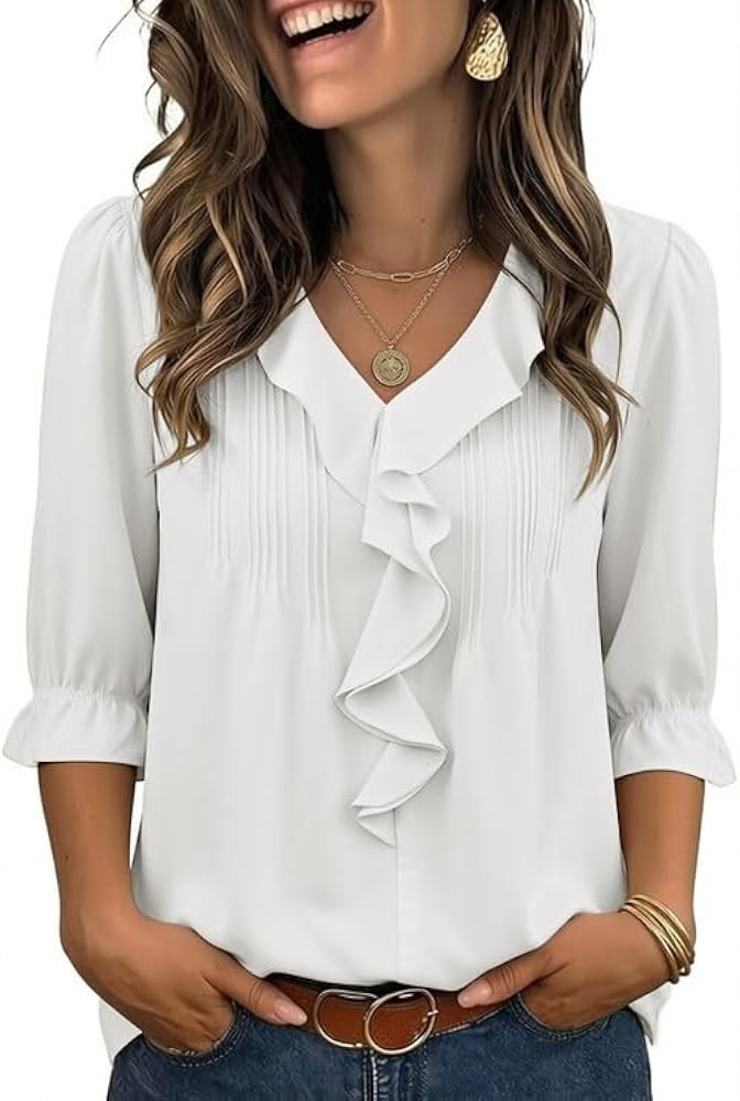 Theenkoln Womens Victorian Ruffle Blouse:3/4 Ruffle Sleeve V-Neck Business Casual Tops Summer Tre... | Amazon (US)