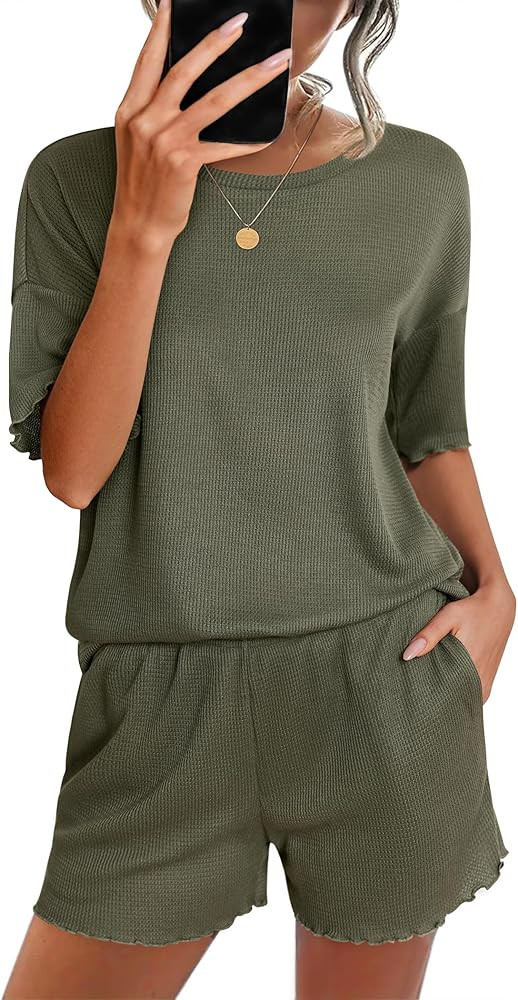 Ekouaer Lounge Sets for Women Waffle Knit Pajama Set Shorts 2 Piece Matching Loungewear Summer Ou... | Amazon (US)
