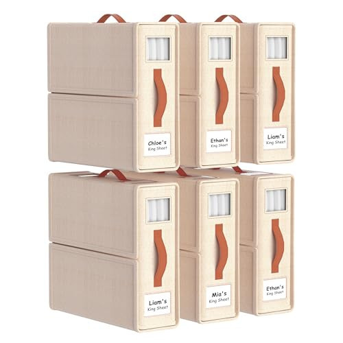 Joymeezo 6 Pack Bed Sheet Organizers and Storage(King &Queen Size) with an Elastic Strap, Foldable Closet Linen Sheet Storage Container, Sheet Set Box for Blanket, Duvet Cover and Pillowcase, Beige | Amazon (US)
