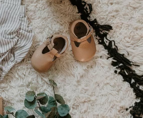 Tan Baby Mary Janes // Babe Basics T-Bar Shoe // Genuine Leather Moccasins with T-Strap for Babie... | Etsy (US)