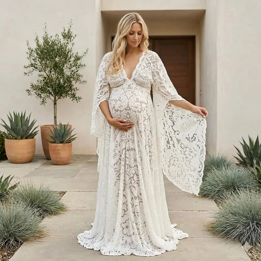 White Lace Maternity Maxi Dress Long Sleeve Boho Baby Shower Photoshoot Gown Elegant - Etsy | Etsy (Global)