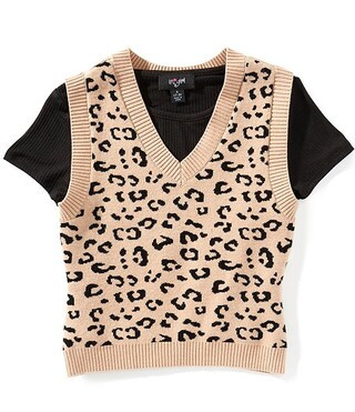 I.N. Girl Big Girls Cheetah-Printed/Solid Color Block Sweater Vest & Short-Sleeve Knit T-Shirt | ... | Dillard's