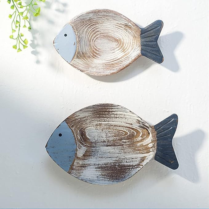 OECECR 2Pcs Wood Fish Nautical Beach Wall Decor, Wooden Hanging Coastal Wall Art Decor for Home, ... | Amazon (US)