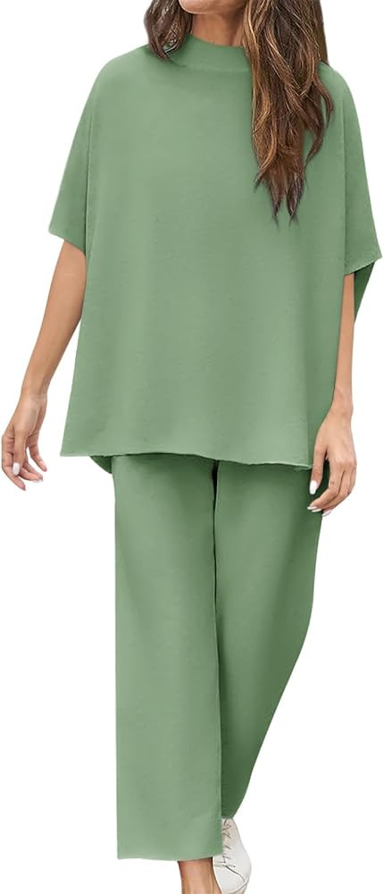 Yousify Women's Two Piece Outfits Crew Neck Pullover Tops 3/4 Batwing Sleeve Capelet Wide Leg Pan... | Amazon (US)