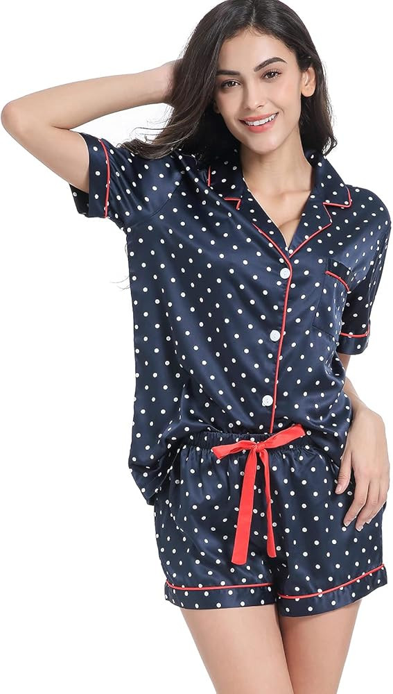 Women's Satin Pajama Set 2-Piece Sleepwear Loungewear Button Down Short Sleeve Silky PJ Set | Amazon (US)