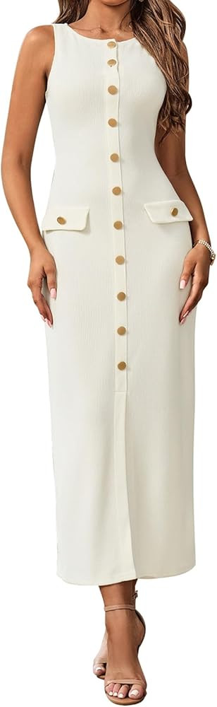 HTZMO Women's Sleeveless Sweater Maxi Dress Bodycon Button Ribbed Knit Pullover Casual Long Dress... | Amazon (US)