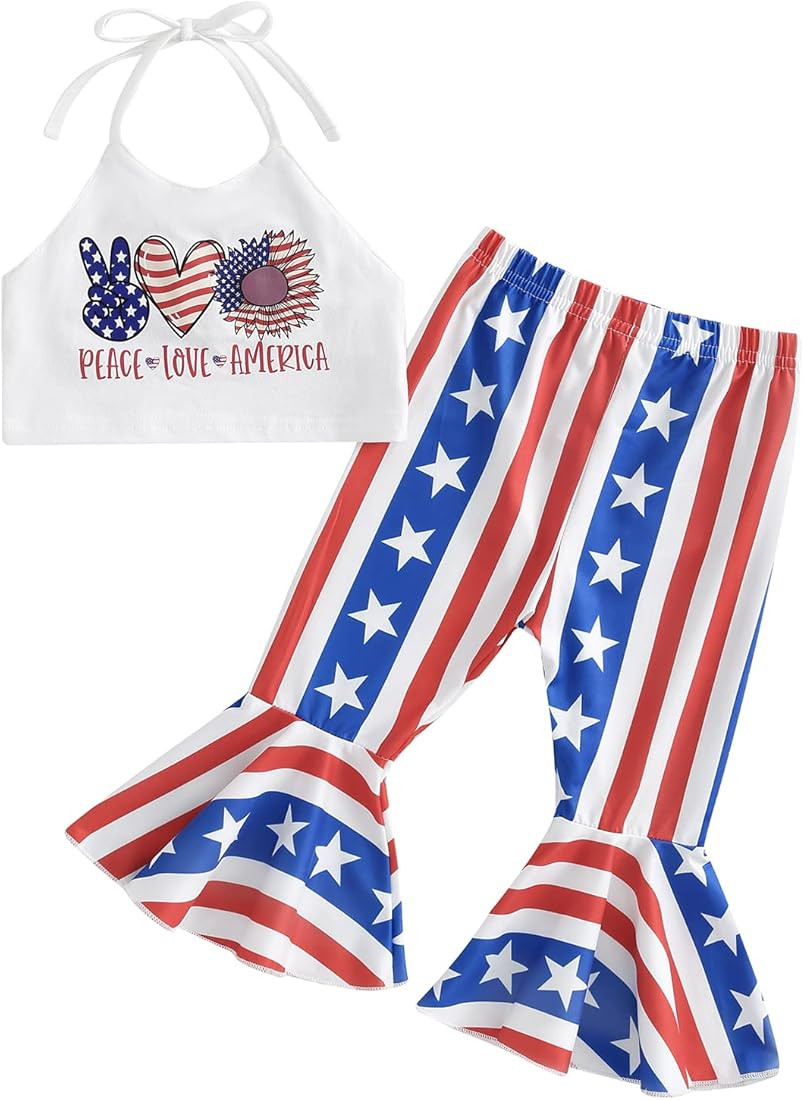 Toddler Baby Girl 4th of July Outfit Sleeveless Halter Crop Top Star Striped Bell Bottoms Pants S... | Amazon (US)