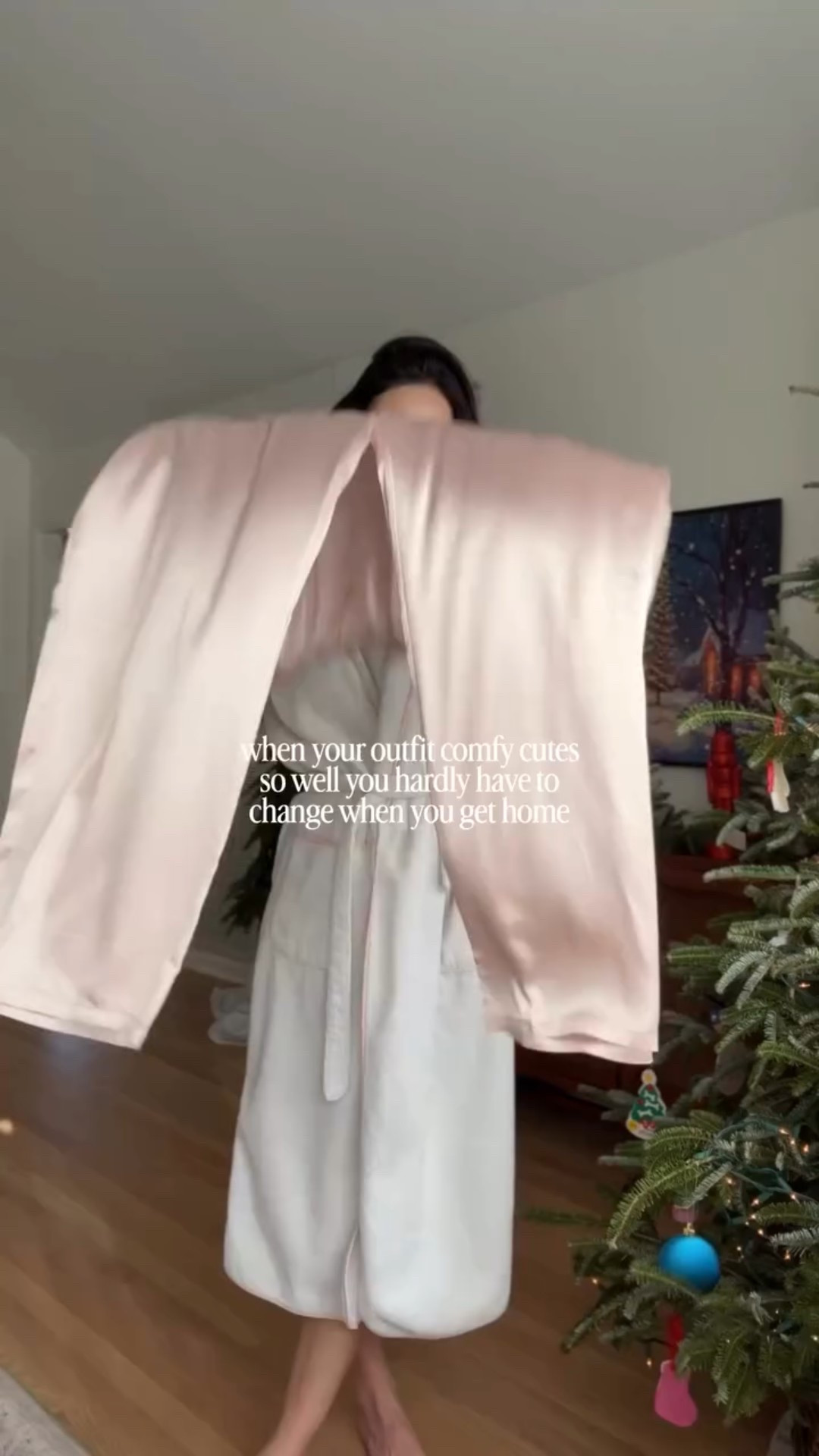 holiday outfit idea but make it one step easier for bedtime 💤☁️ leave COZY below and I’ll get 🔗 to you! The silk pants are pajamas and under $20! 🤍 

Mom outfits // casual outfit ideas // date night outfit