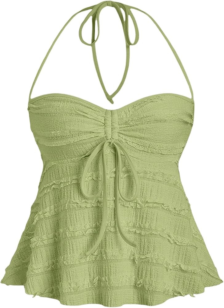 SOLY HUX Women's Peplum Halter Crop Tops Y2K Drawstring Tie Ruched Dressy Casual Spaghetti Strap ... | Amazon (US)