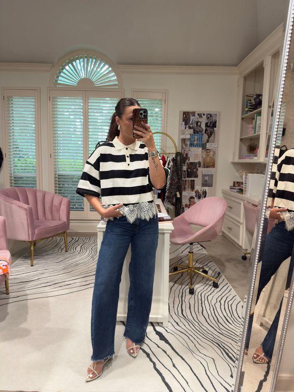 the stripe + lace combo that stopped me in my tracks 🖤🤍  My exact top from Dolly isn't available to link but I found the most similar one from Bomhe — the Mila Striped Polo Top gives the same vibe for only $64! paired with Frame Le Slim Palazzo jeans, white leather sandals, and Julie Vos wave earrings.  

 