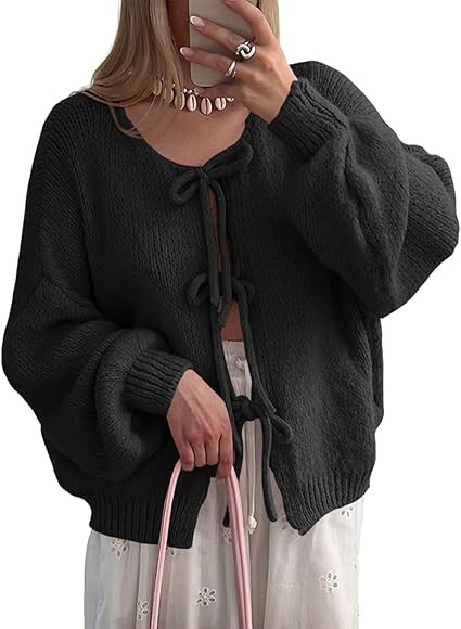 Saodimallsu Womens Tie Front Cardigan Sweaters Cute Bow Puff Long Sleeve 2024 Fall Loose Ribbed K... | Amazon (US)