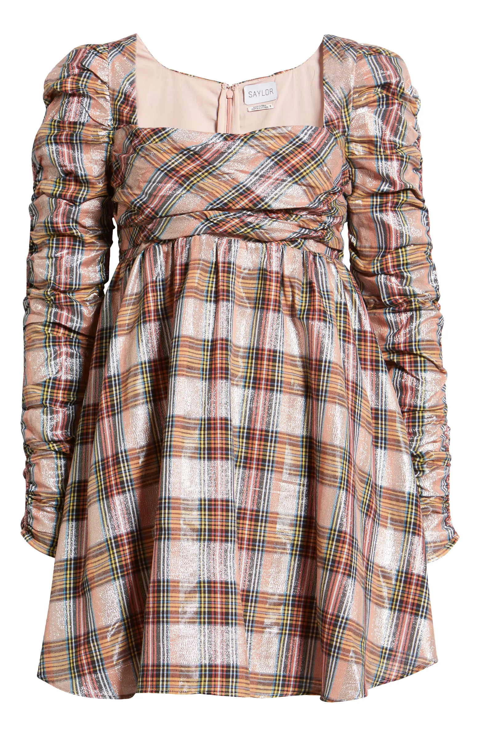 Saylor Yulia Metallic Plaid Long Sleeve Cotton Blend Babydoll Minidress | Nordstrom | Nordstrom