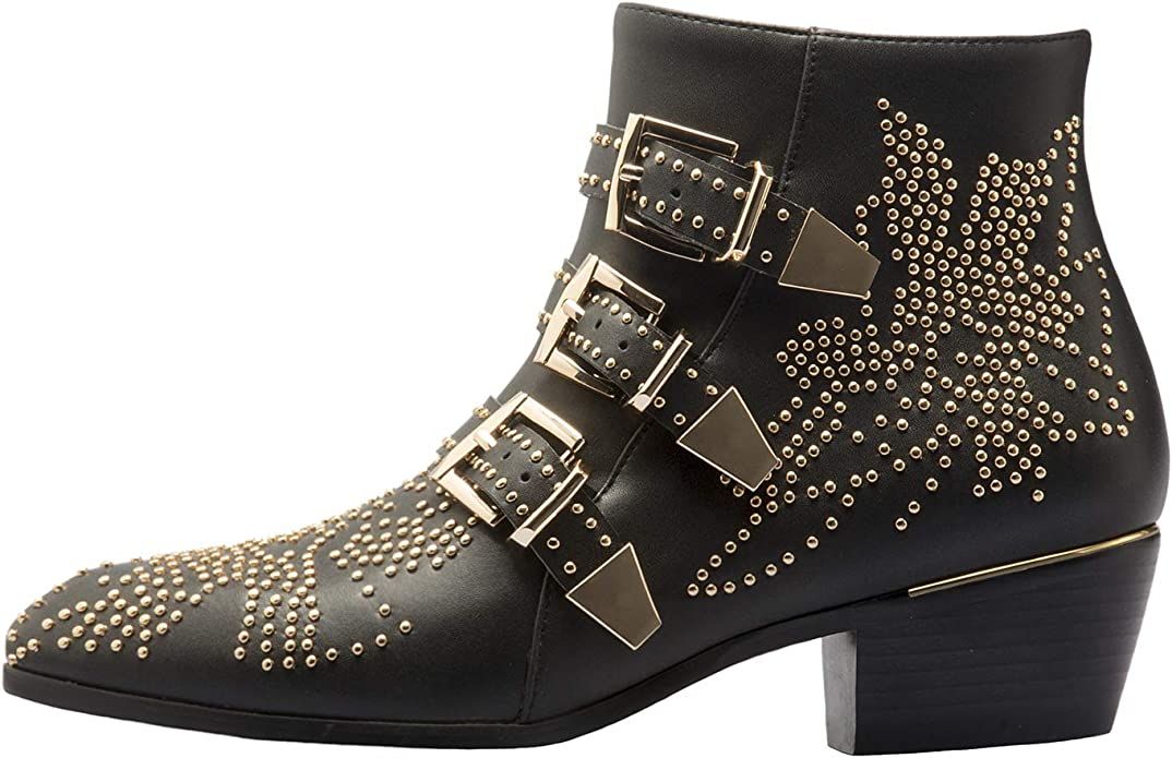 Comfity Boots for women, Women's Leather Booties Rivets Studded Shoes Metal Buckle Low Heels Ankl... | Amazon (US)