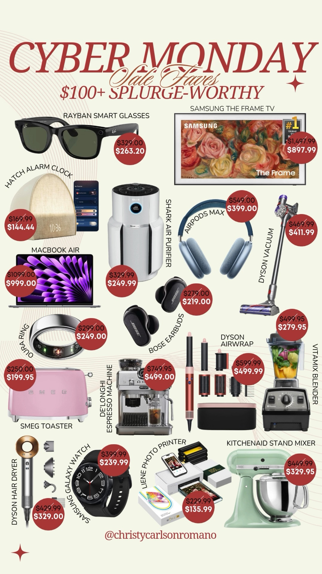 Amazon’s Cyber Monday Sale is a great time to upgrade your tech gadgets. Hurry and check out these splurge-worth finds that are all above $100 yet worth every penny. From MacBook Air laptop, Samsung Frame TV, Rayban smart glasses, Dyson hair dryer and Airwrap, Oura smart ring, and many more unbeatable tech deals! 
#cyberweeksale #CreatorFavorites2024 #hairstylingsets #electronicgadgets #kitchenappliance #homefinds #celebritygiftguide

#LTKHome #LTKCyberWeek #LTKSaleAlert
