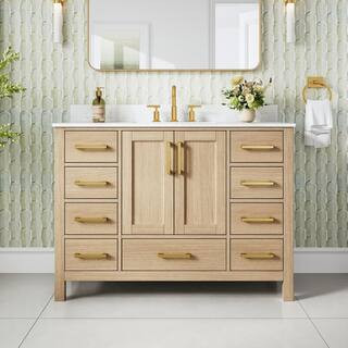 48 in. Freestanding Oak Solid Wood Bath Vanity with Durable Carrara White Cultured Marble Top, So... | The Home Depot