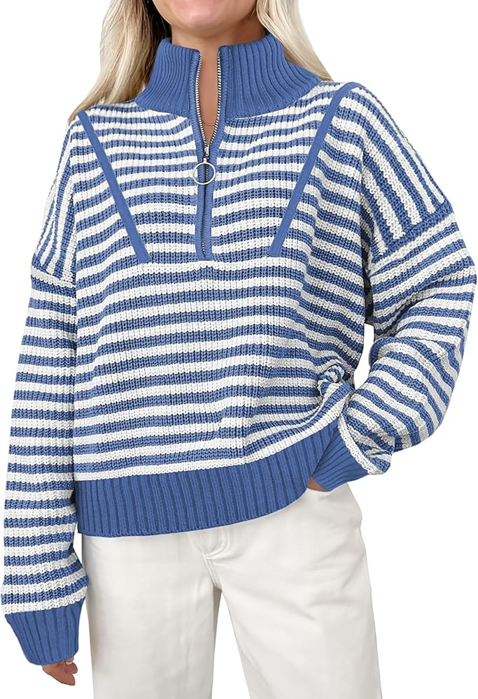 ANRABESS Womens Striped Sweaters Long Sleeve Casual Half Zip Knit Pullover Tops 2024 Fall Comfy L... | Amazon (US)