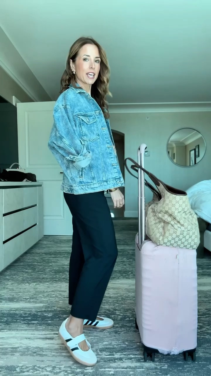 My travel outfit of the day. Amazon drapey ankle length pants for everyday + travel! These have a stretchy and elastic waistband. I am 5’3 and wearing XS. Airport outfit. Abercrombie bra-free scoopneck tank in XXS. Wrangler spicy denim jacket in XS. Adidas samba Mary Jane runs a smidge big but I didn’t size down because you can adjust the strap to tighten it. Beis luggage set. Gucci Mercato tote in size large.

#LTKootd #LTKTravel #LTKPetite