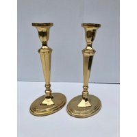 Vintage Solid Cast Brass Candlesticks, Tall, Heavy, With Matching Oval Top & Base | Etsy (US)