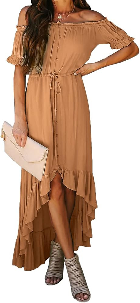 Happy Sailed Women Off Shoulder Casual Maxi Dresses Short Sleeve High Low Ruffle Bridesmaid Evening  | Amazon (US)