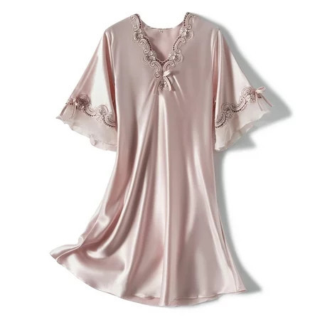 Defitshape Women s Lace Sleeping Night Shirts Summer Sleepwear Short Pajama Sleep Shirt Silk Nightgown Satin Night Gown Dresses Soft Lace Short Sleeve V Neck Nightshirt Pink Medium | Walmart (US)