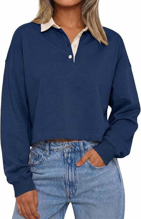Tankaneo Womens Polo Shirts Long Sleeve Fall Sweatshirts Pullover Crop Tops | Amazon (US)